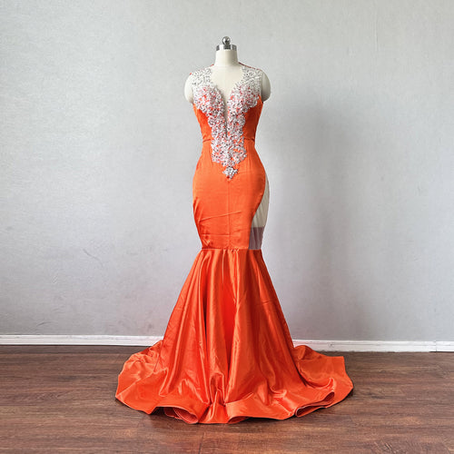 Mermaid Prom Dress Backless Neon Orange Satin