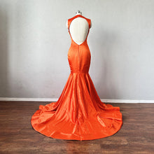 Load image into Gallery viewer, Mermaid Prom Dress Backless Neon Orange Satin