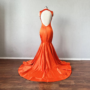 Mermaid Prom Dress Backless Neon Orange Satin