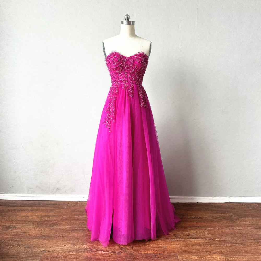 Beaded Tulle Prom Dress Fuchsia Corset Back