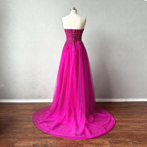 Beaded Tulle Prom Dress Fuchsia Corset Back