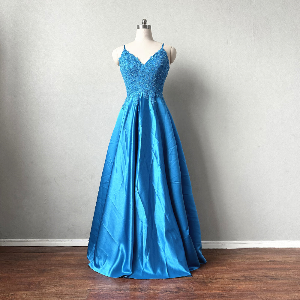 Teal Blue Lace Satin Prom Dress Long