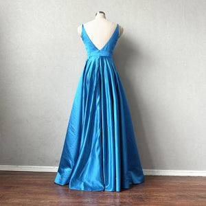 Teal Blue Lace Satin Prom Dress Long