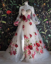 Load image into Gallery viewer, Floral Prom Dress 2024 Corset Back with Long Sleeves Detachable