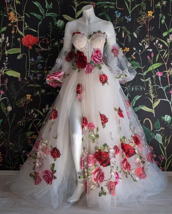 Floral Prom Dress 2024 Corset Back with Long Sleeves Detachable