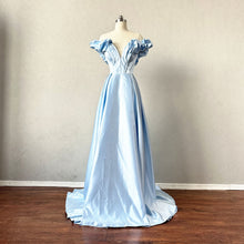 Load image into Gallery viewer, Blue Satin Ruffles Prom Dress Corset Back