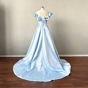 Blue Satin Ruffles Prom Dress Corset Back