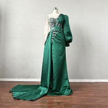 Load image into Gallery viewer, Beaded Green Satin Prom Dress Corset Back