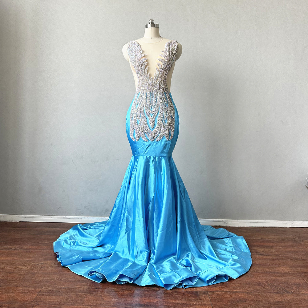 Luxurious Prom Dress Mermaid Blue Satin