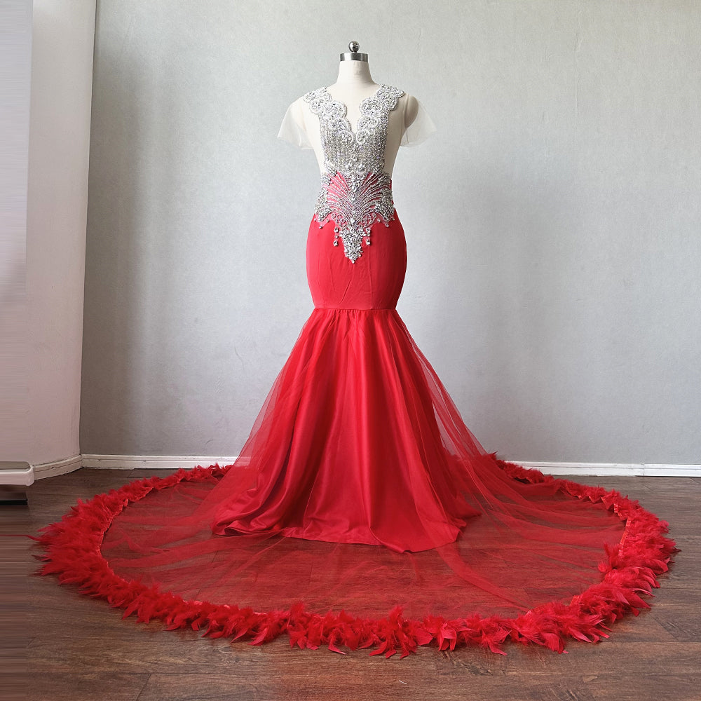 red prom dress with feathers Luxurious Mermaid Prom Dress Red with Feathers – DressCulture