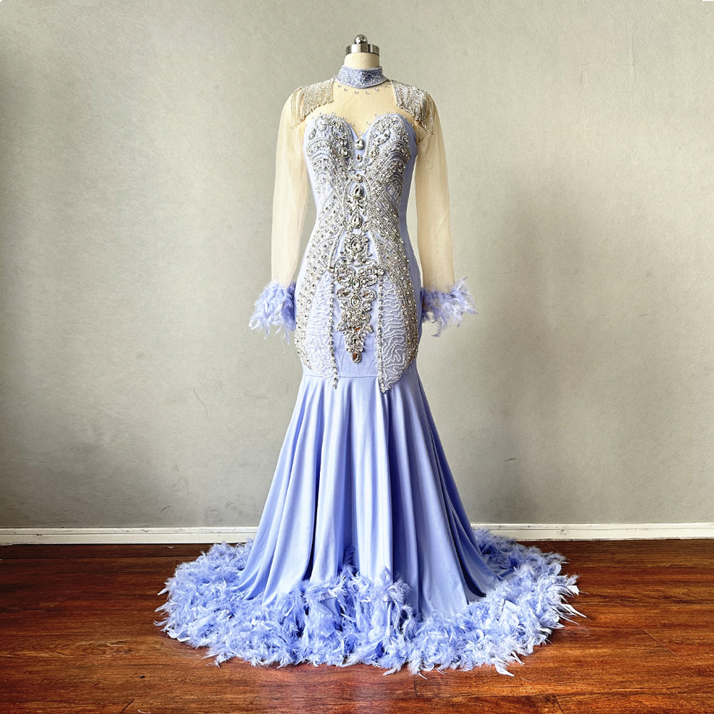 Mermaid Prom Dress Illusion Long Sleeves Feathers – DressCulture