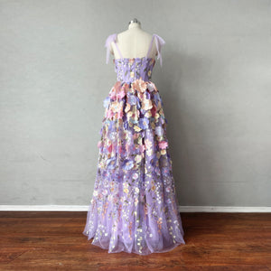 Unique Floral Prom Dress with Tied Straps