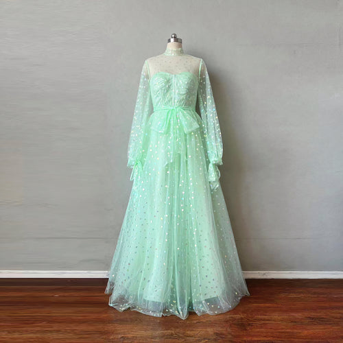 High Neck Sage Green Tulle Prom Dress with Long Sleeves