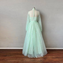 Load image into Gallery viewer, High Neck Sage Green Tulle Prom Dress with Long Sleeves