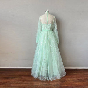 High Neck Sage Green Tulle Prom Dress with Long Sleeves