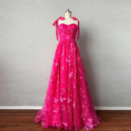 Fuchsia Butterfly Floral Tulle Prom Dress Corset Back with Slit