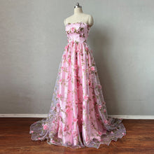 Load image into Gallery viewer, Strapless Pink Floral Tulle Prom Dress Corset Back