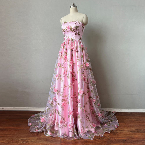 Strapless Pink Floral Tulle Prom Dress Corset Back