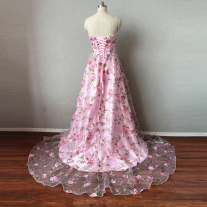 Strapless Pink Floral Tulle Prom Dress Corset Back