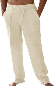 Beige Linen Pants Beach Summer Elastic Waist Drawstring