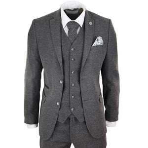 Mens 3 Pieces Grey Wool Tweed Lapel Single-Breasted Suits