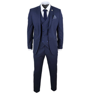 Mens 3 Piece Navy Pinstripe Suit Slim Fit Casual Suits Blazer+Vest+Pants
