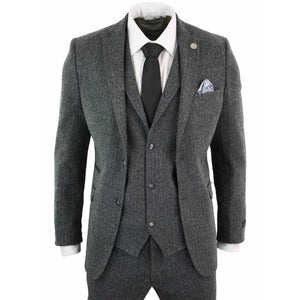 Mens 3 Piece Lapel Herringbone Wool Tweed Suit Slim Fit Casual Suits