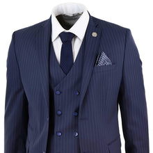 Load image into Gallery viewer, Mens 3 Piece Navy Pinstripe Suit Slim Fit Casual Suits Blazer+Vest+Pants