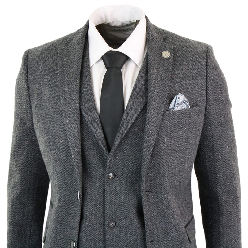 Mens 3 Piece Lapel Herringbone Wool Tweed Suit Slim Fit Casual Suits ...