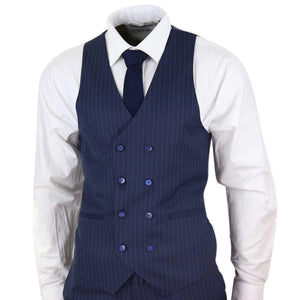 Mens 3 Piece Navy Pinstripe Suit Slim Fit Casual Suits Blazer+Vest+Pants