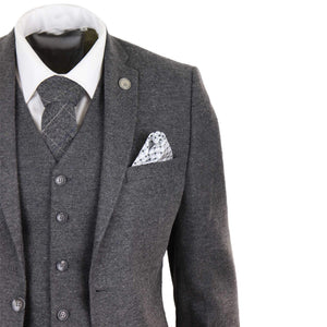 Mens 3 Pieces Grey Wool Tweed Lapel Single-Breasted Suits