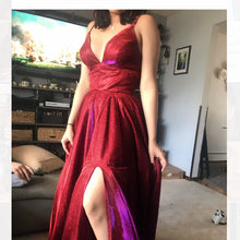 Load image into Gallery viewer, Spaghetti Straps Burgundy Glitter Long Prom Dress 2020