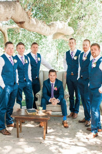 Men's Vest Hole Blue V Neck Satin For Wedding Formal Male Clothing