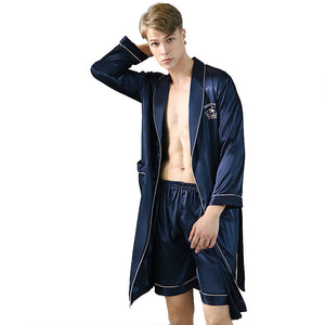 Men's Long Burgundy Sleeve Satin Pajama Set with Shorts