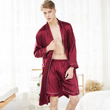 Load image into Gallery viewer, Men&#39;s Long Burgundy Sleeve Satin Pajama Set with Shorts