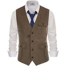 Load image into Gallery viewer, Mens Vest With Chest Pocket V Neck Irregular Bottons Wool Tweed Blended Herringbone Silm Fit