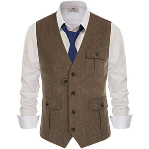 Mens Vest With Chest Pocket V Neck Irregular Bottons Wool Tweed Blended Herringbone Silm Fit