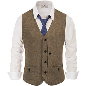 Mens Waistcoat V Neck Wool Tweed Irregular Buttons Herringbone Silm Fit