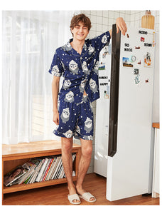 Short Sleeve Shorts Pajama Set Silk Satin Print Men's Loungewear Set