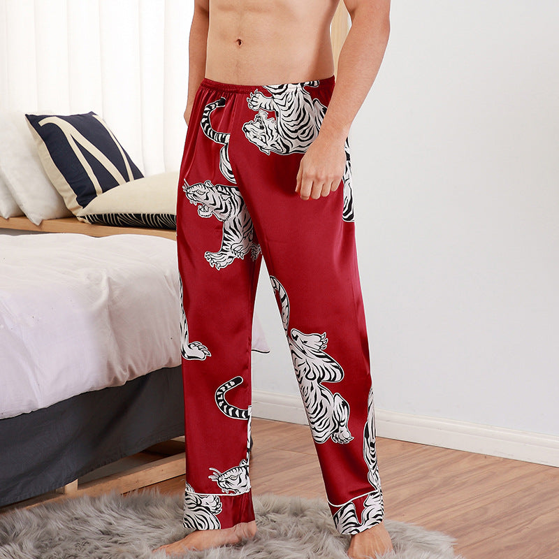 Cheetah Print Silk Satin Pajama Pants Men's Long Lounge