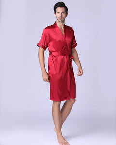 Solid Silk Satin Straight Fit Kimono Bathrobe Men's Red Wedding Party Bathrobe Homewear