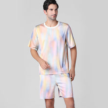 Load image into Gallery viewer, Tie Dye Silk Satin Short Sleeve Shorts Summer Pajamas Men&#39;s Crew Neck Loose Homewear Set