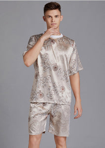 Crew Neck Printed Silk Satin Pajamas Men's Short Sleeve Shorts Homewear Set