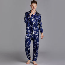Load image into Gallery viewer, Navy Blue Men&#39;s Pajama Set Silk Satin Letter Print Loungewear Set
