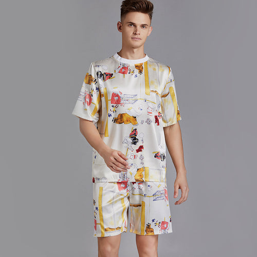 Summer Crew Neck Pattern Baroque Pattern Pajamas Silk Satin Men's Casual Loose Short Sleeve Suit