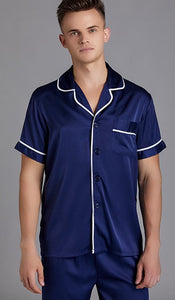 Solid Color Short Sleeve Silk Satin Pajamas Men's Thin Homewear