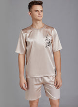 Load image into Gallery viewer, Crew Neck Printed Silk Satin Pajamas Men&#39;s Short Sleeve Shorts Homewear Set