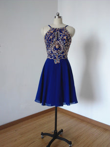 Backless Spaghetti Straps Royal Blue Chiffon Short Homecoming Dress