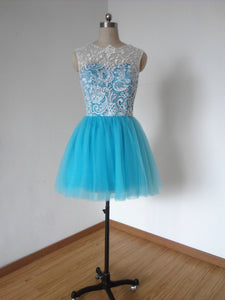 Ball Gown Ivory Lace Turquoise Blue Tulle Short Homecoming Dress