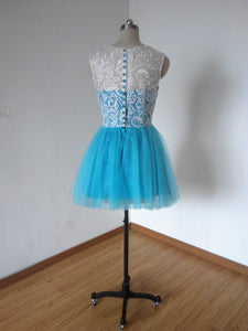 Ball Gown Ivory Lace Turquoise Blue Tulle Short Homecoming Dress
